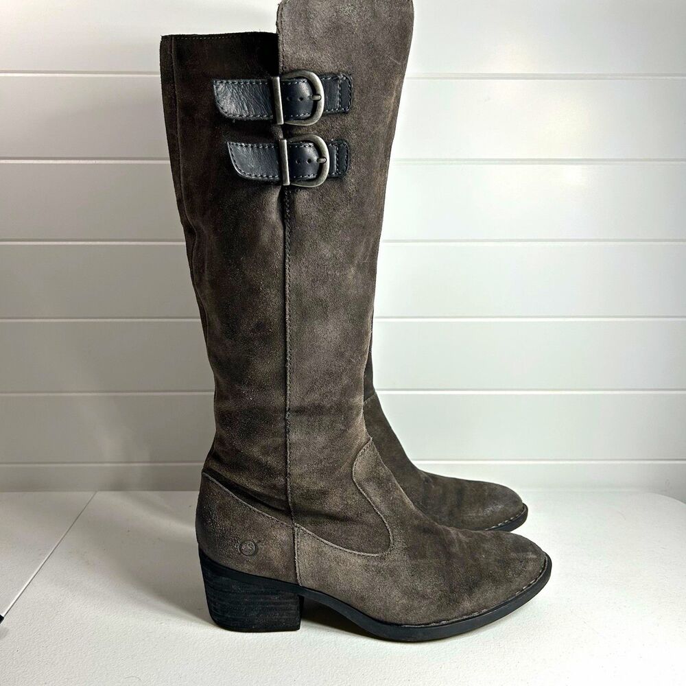 Børn B56822 Womens Boots Size 8.5 M Gray Leather Suede Knee High Riding Buckle